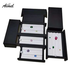 Boxes Quality Gem Jewelry Storage Box With Groove Diamond Display Showcase PU Stone Organizer Display Carry Case Box Black White