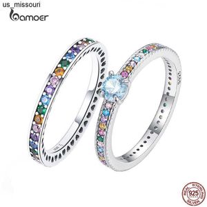 Anéis de banda Bamoer 925 Sterling Silver MultiColor Zircon Ring to Dider para mulheres Trendy moda Rainbow simulado diamante Anilos Jewelry Gift J230522