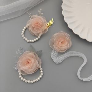 Fiori decorativi 1PC Perla Cristallo Polso Fiore Corpetto Damigella d'onore Ragazza Mano Matrimonio Bella Sposa Braccialetti da sposa Gioielli