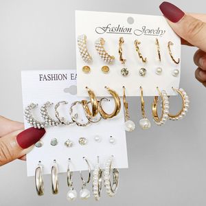 Huggie 9pairs/set Fashion Pearl Hoop örhängen uppsättning för kvinnor Geometirc Gold Silver Color Circle Hoop örhängen