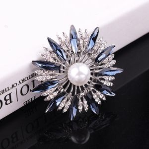 Brooches Pins TODOX Blue Crystal Sunflower Rhinestone Pearl Brooch Concise Style Wedding Gifts For Girls Full Dress Garment Accessory