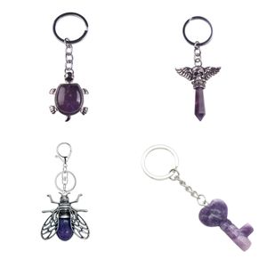 Partihandel Natural Amethyst Gemstone Keychain Copper Fashion Turtle Dragon Charms Key Ring for Women Men Gift