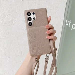 Luxury Crossbody Lychee Grain Folio Vogue Phone Case for iPhone 14 13 Pro Max Samsung Galaxy S22 S23 A13 A14 A24 A33 A53 A54 A72 A52 A22 5G Solid Leather Wallet Back Cover