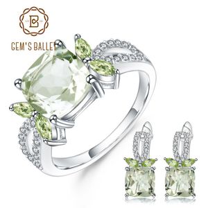 مجموعات Gem's Ballet 925 Sterling Silver Gemstone Jewelry Set 7.64ct Natural Green Prasiolite Arrings Ring For Women Fine Mewer