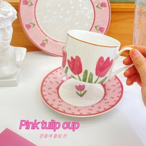 Koppar fat rosa tulpan mönster keramik kaffekopp set hög temperatur värme motståndare hemplatta frukostmjölk mugg vintage cupware