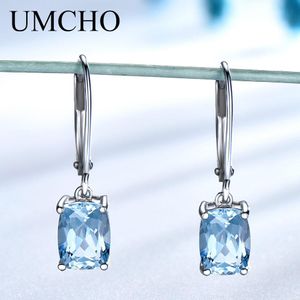 Stud Umcho Orijinal 925 STERLING Gümüş Gökyüzü Mavi Topaz Damla Küpe Zarif değerli taş düğün nişan takıları Kadın Hediyeleri