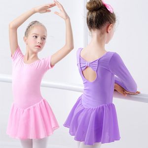 Dancewear Ballet Dress Gymnastics Leotards for Girls Kids Short Sleeve Ballet Dancewear Chiffon Skirts Kids Bowknot Dance Leotards 230520
