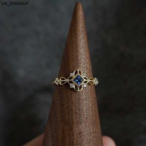 Band Rings 925 Sterling Silver 14K Gold Plated Ring for Women Blue Zircon Japanese Retro Hollow Simple Ring Wedding Party Jewelry J230522