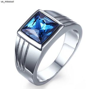 Anéis de banda quadrada Aquamarina azul -pedra preciosa anéis para homens brancos cor prata de ouro aço inoxidável diamante bague