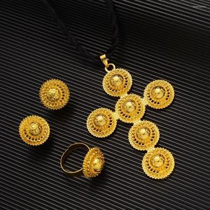 Brincos de colar define a tradição etíope Star Shape Jewelry Cross Etiópia 24K Color Gold Eritreia para Festa de Casamento de Habesha para Mulheres