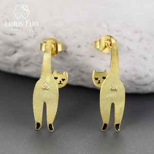 Stud Lotus Fun 18k ouro de ouro incomum long -safty gatinho brincos de gato para mulheres Prese