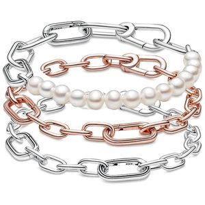 Bangle Original Rose Freshwater Cultured Pearl Small Link Chain Bracelet 925 Sterling Silver Bangle Fit Fashion Bead Charm Diy Jewelry