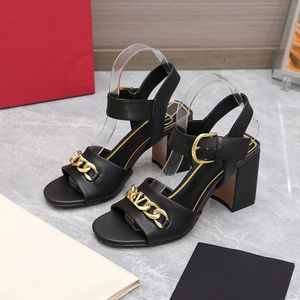 Metal chain decorated thick high heels sandals women's dermis ankle strap open-toe Dress shoes luxury Designers Sandals party evening shoes factory footwear With box