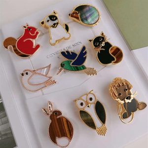 Top Quality Luxury Brand Pure 925 Silver Jewelry Gold Animals Bird Lion Rabbit Hedgehog Dog Cat Squirrel Owl Gemstone Brooches249s