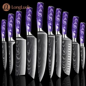 Kock Knife Set 1-10pcs New Purple Harts Handle Rostfritt stål Damaskus Mönster Kök Non-stick Santoku Cleaver Boning Knivse