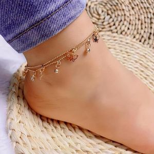 Anklets Double Layer Butterfly & Rhinestone Pendant Anklet Dainty Ankle Chain Bracelet For Women