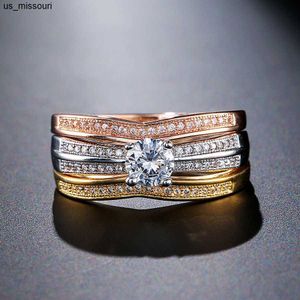 Ringos de banda 18K Multi Gold Ring 3pc para Women Natural Diamond com jóias de diamante Anilos de Bizuteria anilos Mujer Gemstone Rings Box J0522