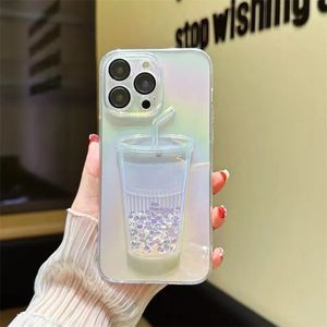 Lyxig lutning Rainbow Milk Tea Cup Fall för iPhone 14 13 12 11 Pro Max Bling Diamond Lemon Liquid Quicksand Glitter Transparent Cover