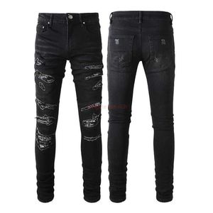 Designerkleidung Amires Jeans Jeanshosen Amies Fashion Schwarze Jeans Distressed Patch Street Fashion Fit Small Foot Distressed Jeans Herren 8669 Distressed Ripped Sk