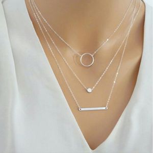 Pendant Necklaces Three Layers Disc Bar Silver Color Gold With Circle Choker Metal Plated Chain For Women Necklace.