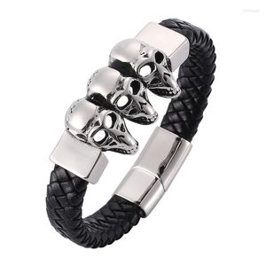 Charm Bracelets Punk Men Jewelry Skeleton Skull Braided Leather Bracelet Stainless Steel Magnetic Buckle Bangles Male Wrist Band PW918