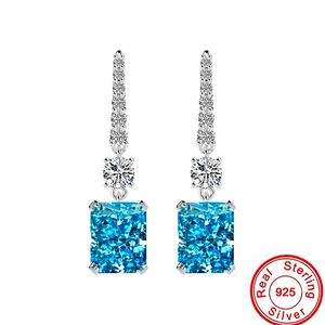 Square Aquamarine Diamond Earrings 100% Real 925 Sterling silver Party Wedding Drop Dangle Earrings for women Engagement Jewelry