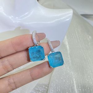 Orecchini pendenti Lussuoso Paraiba Zaffiro Quadrato Pieno di diamanti Per le donne Zirconi geometrici Regalo di San Valentino Commercio all'ingrosso di gioielli