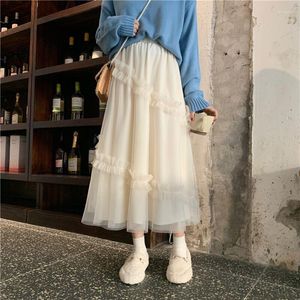 Skirts Qiukichonson Long Tulle Midi Womens 2023 Lolita Summer Mesh Skirt Japanese Style High Waisted Ruched Ruffle Rok