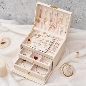 Caixas Women Girls Jewelry Organizer Box White Green Pink Blue Jewelry Caixas de presente Brincho Ring Bracelet Colares Case de armazenamento de jóias