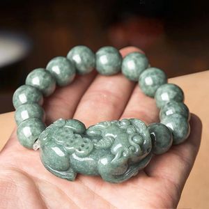 Bangle Genuine Natural Jade Lucky Pixiu Bracelet Men Certified Burma Jades Stone Round Elastic Beaded Pendant Bracelets Jadeite Bangles