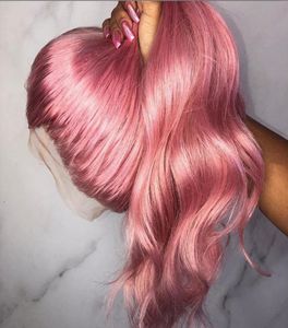Brasilianska jungfruliga mänskliga hår peruker 13x4 rosa färgblekta knutar naturliga hårfäste spetsar fram med baby hår6001171