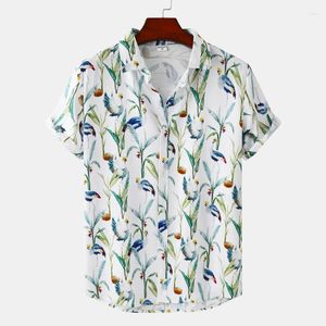 Camisas casuais masculinas estampas de pássaro elegante camisa havaiana para homens 2023 Vestido de férias de férias de luva curta de manga curta de verão