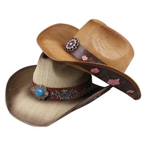 100% handgemachte Stroh Weben Stickerei Western Cowboy Hut Für Männer Frauen Cowgirl Jazz Hut Strand Sonnenhut Sombrero Hombre