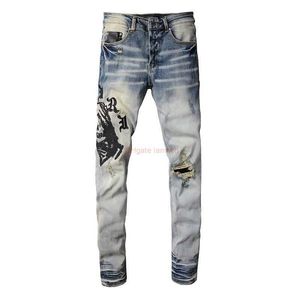 Designerkleidung Amires Jeans Denim-Hosen High Street Amies Fashion Brand 882 Blue Gorilla Head Stickerei Stretch Hole Trend Slim Straight Jeans mit kleinen Füßen Male Di