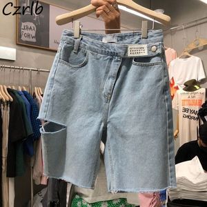 Womens Shorts Short Hole Denim Summer High Waist Pockets Button Design Casual Simple Solid Allmatch Streetwear Clothing 230520