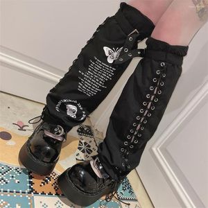 Women Socks Ruibbit Punk Gothic Lace-up Harajuku Japanese Over The Knee Leg Warmer Butterfly Print Foot Sock Black Sleeve Cover