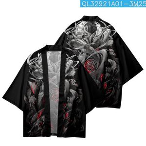 Abbigliamento etnico Estate Giappone Kimono nero Pantaloncini da spiaggia Cardigan stampato tradizionale giapponese Cartoon Yukata Coppia Donna Uomo Streetwear