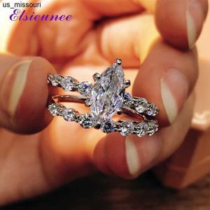 Band Rings ELSIEUNEE 100 925 Sterling Silver Marquise Simulated Moissanite Diamond Wedding Engagement Ring Wedding Bridal Sets Wholesale J230522