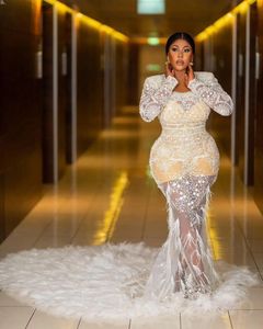 2023 AMVCA Aso Ebi White Mermaid Prom Dress Lace Beaded Feather Evening Formal Party Second Reception Birthday Engagement Gowns Dress Robe De Soiree ZJ290