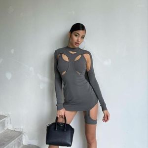 Vestidos casuais 2023 Riba de outono Costa Black Women Sexy Cut Out Bodycon Mini vestidos Lady Lady elegante roupas de manga longa