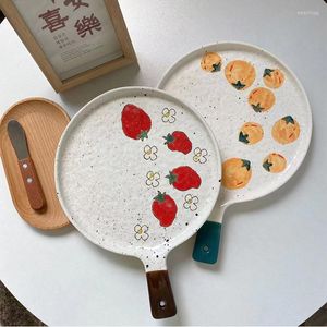 Plates Vintage Ceramic Breakfast Pizza Bread Plate With Handle Round Fruit Stoare Dinner Hand Painted Strawberry Tableware