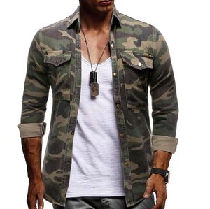 Autumn Men's Jackets Mens Casual Long Sleeve Camouflage denim Skjortor utomhus bergsklättring sliter lapel knapp armé grön bomull manlig blus