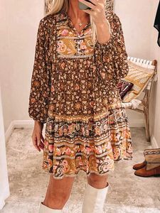 Casual Dresses Rayon Open Buttons O Collar Contrast Color Flower Print Mini Dress BOHO Woman Full Lantern Sleeve Loose Holiday Beach Robe