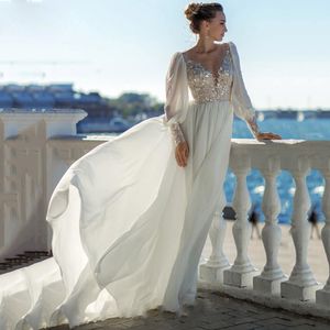 Elegancka sheer szyi pusta liniowe sukienki ślubne cekinowe aplikacje ślubne sukienki szyfonowe boho brokater vestidos de novia z puszystym rękawem