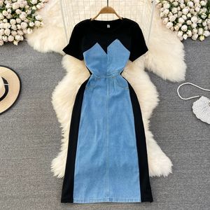 Summer Vintage Hong Kong Style Dress Round Neck Short Sleeve Contrast Slim Fit Mid length Denim Panel A-line Dress