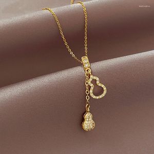Anhänger Halsketten LWMMD Titanstahl Kein Verblassen Chinesischer Stil Glückskürbis Halskette Einfache Edelstahl Damen Großhandel für Frauen