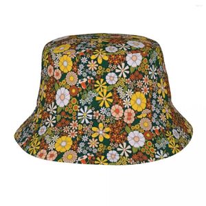 Boinas personalizadas margaridas verdes Hippie Flower Pattern Bucket Hats Mulheres Menas Moda de verão ao ar livre Pescador de pescador boné