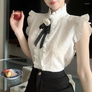 Women's Blouses Vintage Style Sleeve Tank Top Summer Ruffles Women Blouse Single-breasted Bowknot OL Blusa