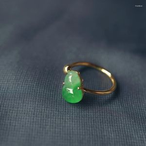 Cluster Rings Natural Seed Green Chalcedony Gourd Opening Adjustable Ring Retro Light Luxury Design Charm Women's Brand Silver