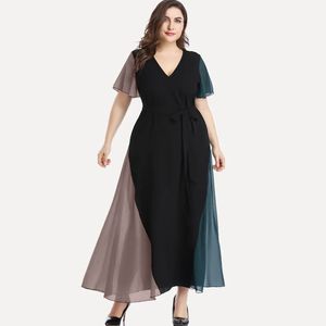 Plus size Dresses Plus Size V-neck Summer Elegant Chiffon Party Dress Women Short Sleeve Maxi Casual Dress Sash Waist Flare Evening Dress 6XL 230520